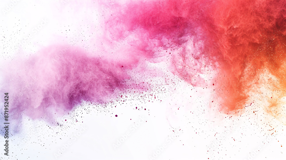 Fototapeta premium Abstract powder splattered background: A colorful powder explosion on a white backdrop, featuring a cloud of colored dust. Paint Holi inspired.