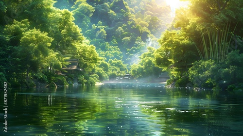 Beautiful river in a lush green forest with sunlight shining through the trees. The water is calm and clear, In the background there is an ancient village surrounded by bamboo forests.
