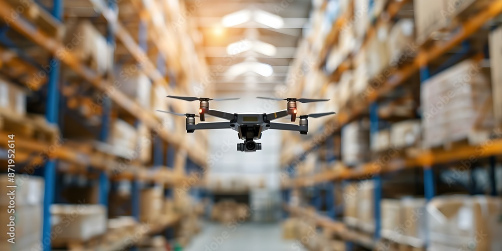 Utilizing High-Tech Warehouse Drones for Streamlined Inventory Management and Order Fulfillment. Concept Warehouse Drones, High-Tech Solutions, Inventory Management, Order Fulfillment Utilizing High-Tech Warehouse Drones for Streamlined Inventory Management and Order Fulfillment. Concept Warehouse Drones, High-Tech Solutions, Inventory Management, Order Fulfillment