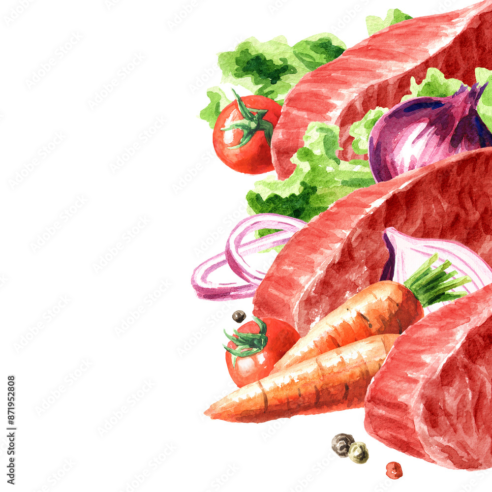 Fresh raw beef steakes, food concepts. Hand drawn watercolor illustration isolated on white background Fresh raw beef steakes, food concepts. Hand drawn watercolor illustration isolated on white background
