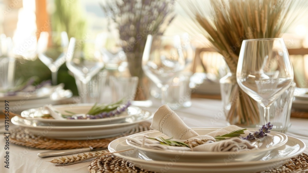 Naklejka premium An elegant tablescape decorated with dried lavender rosemary sprigs and bundled wheat stalks creating a peaceful and aromatic ambiance.