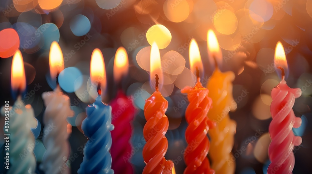 Colorful Birthday Candles Burning Brightly on Festive Backdrop Colorful Birthday Candles Burning Brightly on Festive Backdrop