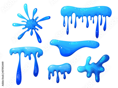 Splat slime mucus. Sticky liquid goo spots and blobs. Colorful jelly cartoon snot and smudges. Vector illustration isolated on white background