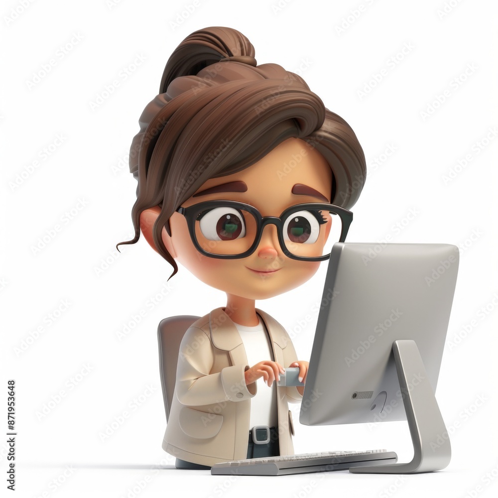 A 3D cartoon character of a young professional woman in a modern office setting, using a desktop computer. She is dressed in casual office attire and wears glasses. A 3D cartoon character of a young professional woman in a modern office setting, using a desktop computer. She is dressed in casual office attire and wears glasses.