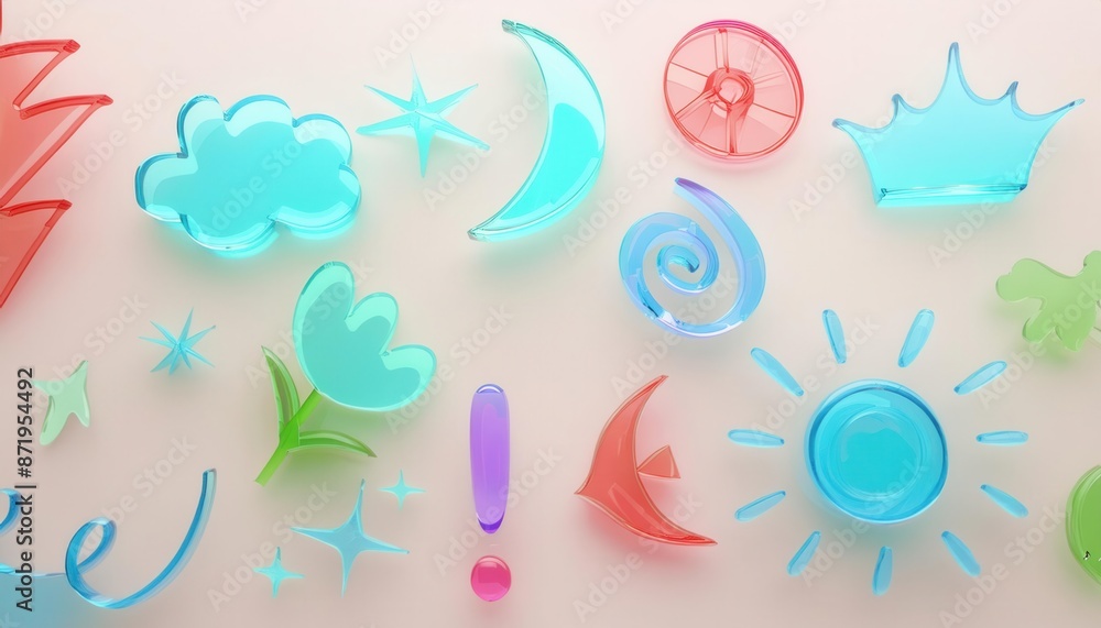The background elements are stars, clouds, squiggles, doodles, children's drawings, made of frosted glass, acrylic plastic in birosol and orange colors, on a neutral background. The background elements are stars, clouds, squiggles, doodles, children's drawings, made of frosted glass, acrylic plastic in birosol and orange colors, on a neutral background.