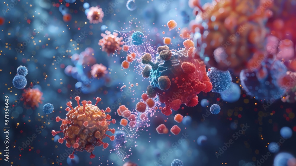 Ultra-realistic visualization of the moment a virus explodes under the attack of an antibodies, illustrating the powerful interaction between the virus and the immune system at the molecular level, fo Ultra-realistic visualization of the moment a virus explodes under the attack of an antibodies, illustrating the powerful interaction between the virus and the immune system at the molecular level, fo