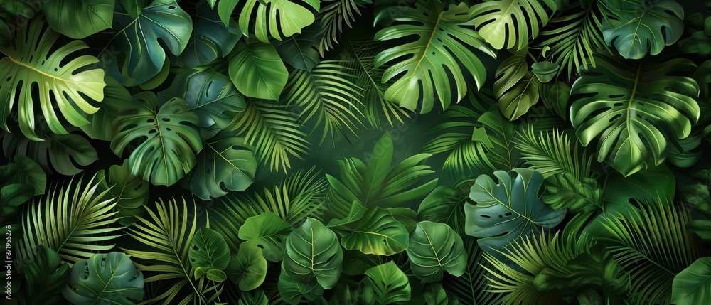 Lush green tropical leaves create a vibrant and exotic jungle backdrop, perfect for nature-themed designs and environmental concepts. Lush green tropical leaves create a vibrant and exotic jungle backdrop, perfect for nature-themed designs and environmental concepts.
