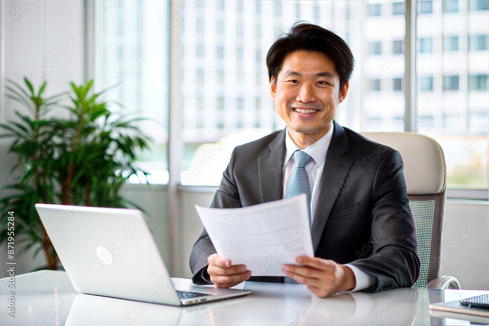 Smiling Asian Executive Holding Financial Document in Modern Office
Smiling Asian Executive Holding Financial Document in Modern Office
