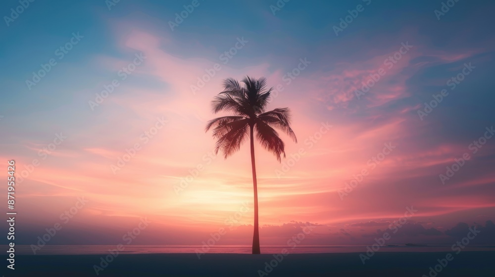 A serene beach sunset featuring a lone palm tree silhouetted against a vibrant, colorful sky, perfect for a tranquil and tropical setting. A serene beach sunset featuring a lone palm tree silhouetted against a vibrant, colorful sky, perfect for a tranquil and tropical setting.