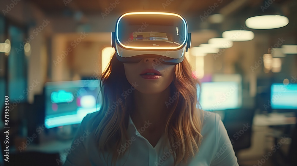 Woman exploring virtual reality with VR headset in modern office, surrounded by computer screens displaying data and graphics. Woman exploring virtual reality with VR headset in modern office, surrounded by computer screens displaying data and graphics.