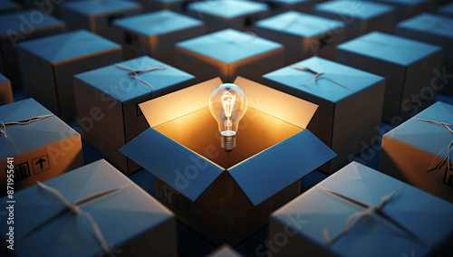Light Bulb Representing Innovative Idea in Open Box Among Numerous Closed Packaging Boxes