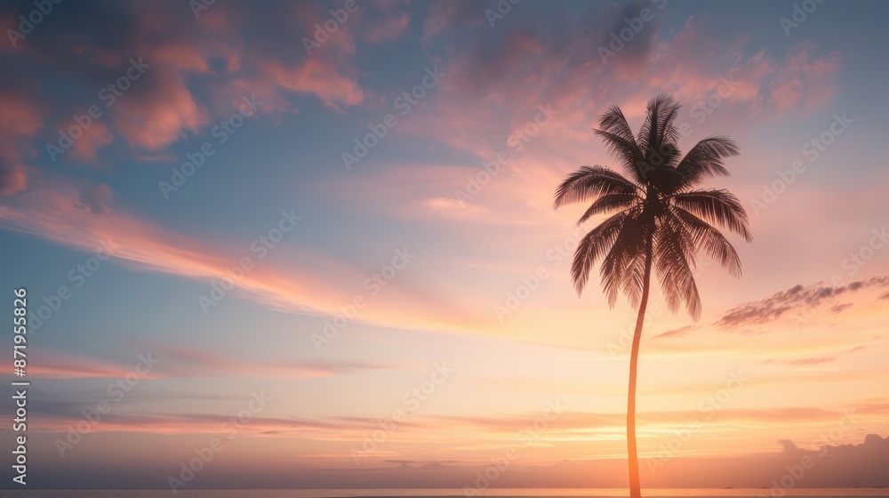 A serene tropical beach sunset with a solitary palm tree silhouetted against a colorful sky, capturing a peaceful and calming scene. A serene tropical beach sunset with a solitary palm tree silhouetted against a colorful sky, capturing a peaceful and calming scene.