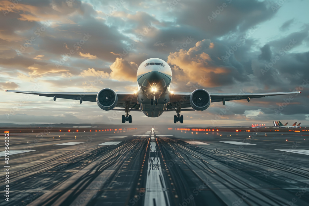 A dramatic view of a large passenger airplane ascending from the runway with a stunning sunset in the background, showcasing the beauty of aviation A dramatic view of a large passenger airplane ascending from the runway with a stunning sunset in the background, showcasing the beauty of aviation