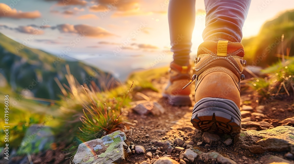 Obraz premium Hiking boots walking on rugged trail, close-up of foot and shoe in natural landscape at sunset. symbolizing exploration, freedom, fitness and nature trails, or summer travel in mountainous areas.