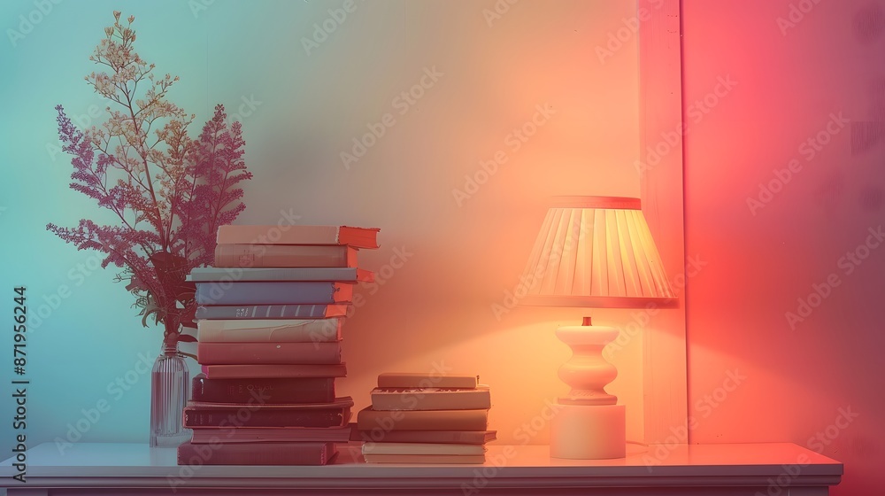 A cozy reading nook with a stack of vintage books and a soft, glowing table lamp, set before a pastel-colored wall. Designed as a web banner, providing extensive blank space. A cozy reading nook with a stack of vintage books and a soft, glowing table lamp, set before a pastel-colored wall. Designed as a web banner, providing extensive blank space.
