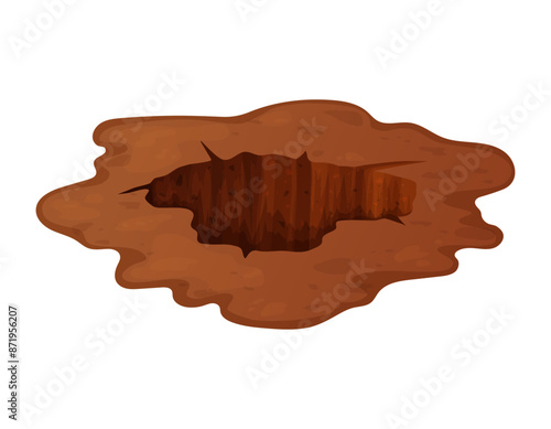 Deep hole in the ground with grass and stones. Brown soil, large cracks and ruins. Digging of sand coal waste rock. Detailed drawing in cartoon style. Vector illustration isolated on white background