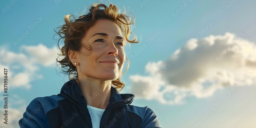 Cheerful Woman in Her 40s Wearing Tracksuit Against Sky. Concept Outdoor Photoshoot, Joyful Portraits, Active Lifestyle, Women's Fashion, Fitness Inspiration Cheerful Woman in Her 40s Wearing Tracksuit Against Sky. Concept Outdoor Photoshoot, Joyful Portraits, Active Lifestyle, Women's Fashion, Fitness Inspiration