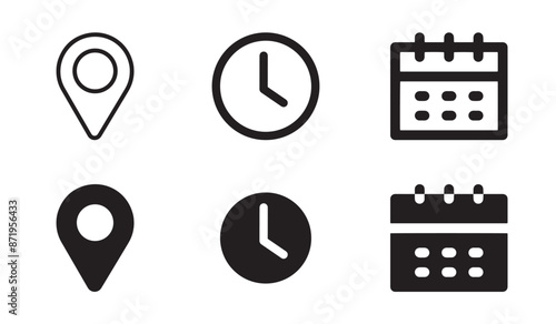 Address. time, and date icon vector. Stopwatch timer icon. Clock, pin map location, and calendar sign symbol. Event elements. Black & white vector illustration