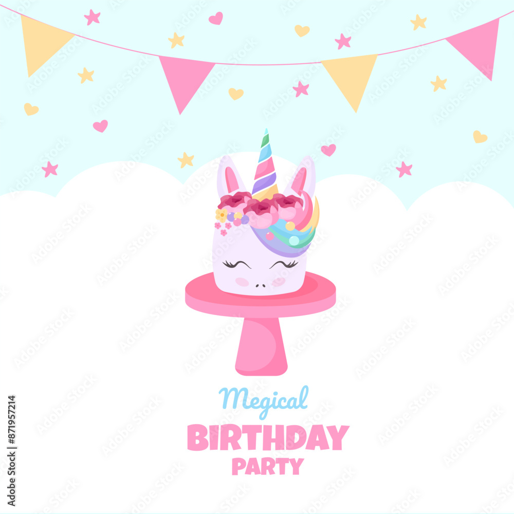 Birthday party invitation with beautiful unicorn . Template vector illustration on blue background. vector background with a rainbow unicorn in cloudy sky for banners, cards, flyers, social media wall Birthday party invitation with beautiful unicorn . Template vector illustration on blue background. vector background with a rainbow unicorn in cloudy sky for banners, cards, flyers, social media wall