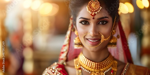 Preserving the Legacy A Tamil Bride in Traditional Attire Showcases Her Family's Jewelry-Making Heritage. Concept Tamil Bride, Traditional Attire, Jewelry-Making Heritage, Legacy Preservation photo