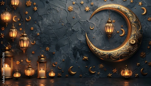 Ramadan Islamic greeting card with crescent moon decoration, banner.