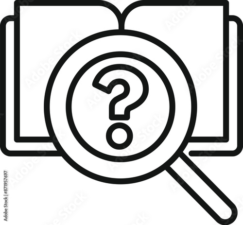 Magnifying glass is searching question mark over open textbook icon, line style
