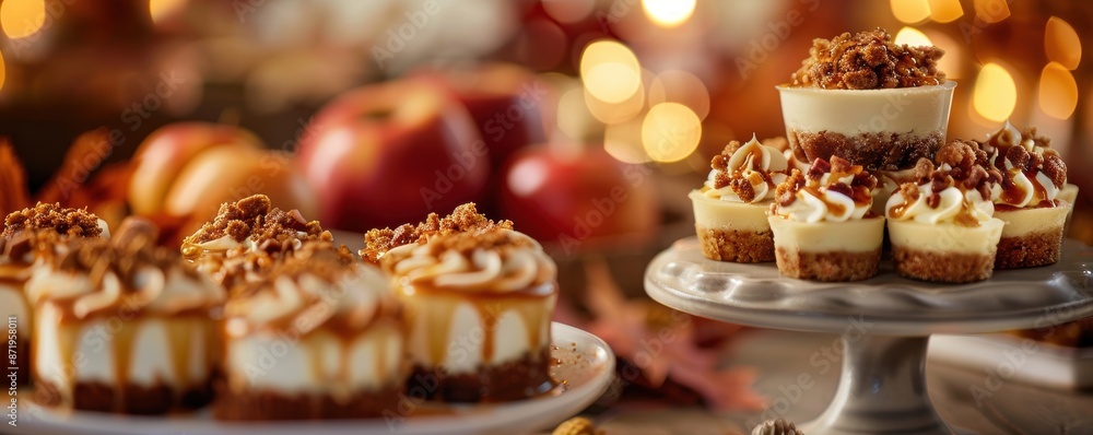 Autumn-themed dessert table featuring individual caramel cheesecakes and fresh red apples, set against a warm, festive backdrop with bokeh lights. Autumn-themed dessert table featuring individual caramel cheesecakes and fresh red apples, set against a warm, festive backdrop with bokeh lights.