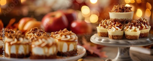 Autumn-themed dessert table featuring individual caramel cheesecakes and fresh red apples, set against a warm, festive backdrop with bokeh lights.