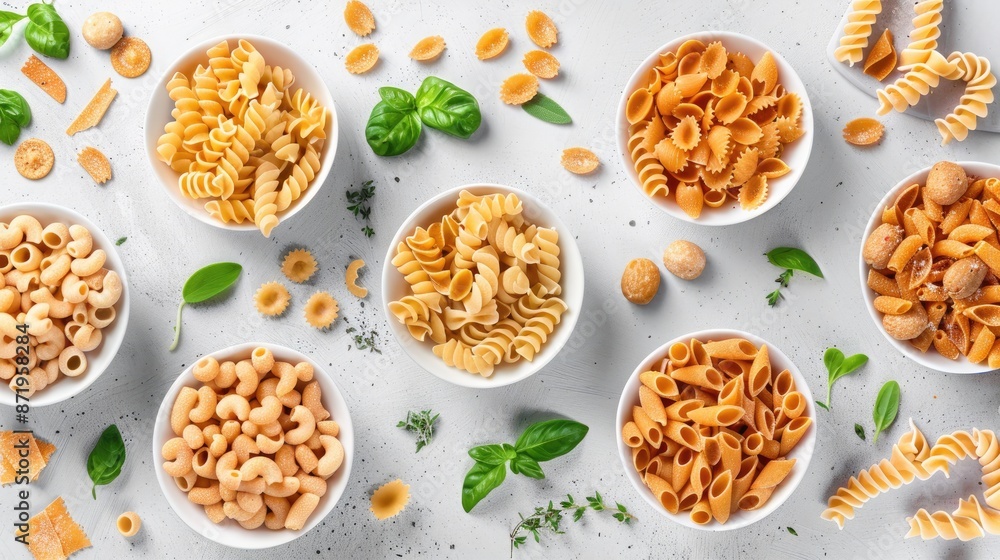 Different shapes of dried pasta, like elbow macaroni and bowtie pasta, are displayed in bowls on a grey surface along with couscous and other pasta varieties. Different shapes of dried pasta, like elbow macaroni and bowtie pasta, are displayed in bowls on a grey surface along with couscous and other pasta varieties.