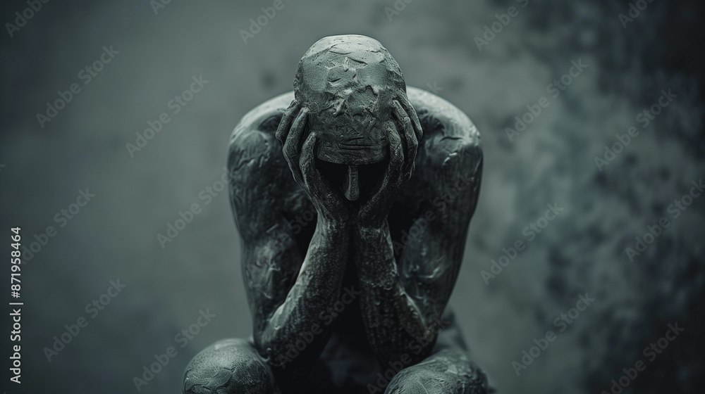 A statue of a person with their hands on their face, looking sad and distressed A statue of a person with their hands on their face, looking sad and distressed
