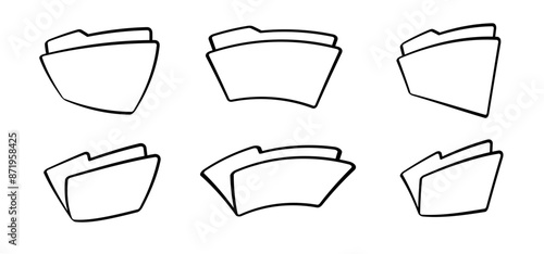 Cartoon, comic file management concept. Computer files directory, line pattern. Folders organised in a system of storage. Scheme made from empty maps. Folder with network. Computing map. Data storage.