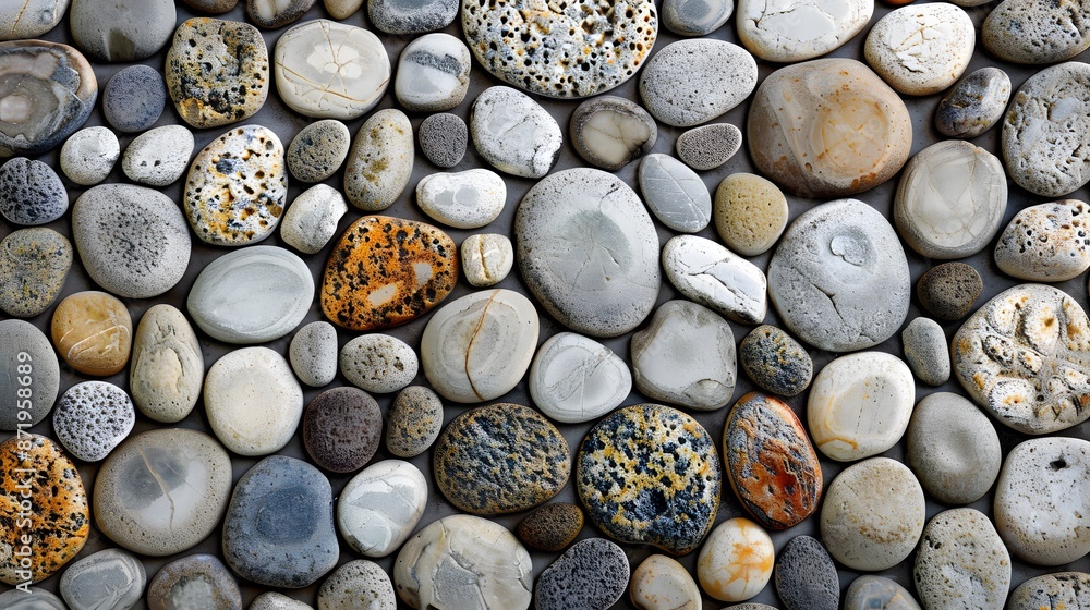 Pebbles in various sizes and shapes, arranged to create an abstract pattern. The stones have different textures from smooth rocks with rounded edges to rougher pieces that give the illusion of depth. Pebbles in various sizes and shapes, arranged to create an abstract pattern. The stones have different textures from smooth rocks with rounded edges to rougher pieces that give the illusion of depth.