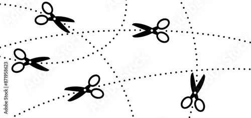Cartoon cutout line pattern. Scissors icon. Flat vector cut lines. Scissor for cutting coupon, voucher or paper. For dotted line with shears or scissors cut lines symbol. Tools for barber shop.