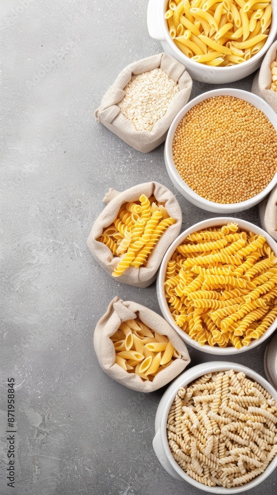 Different shapes of dried pasta, like elbow macaroni and bowtie pasta, are displayed in bowls on a grey surface along with couscous and other pasta varieties Different shapes of dried pasta, like elbow macaroni and bowtie pasta, are displayed in bowls on a grey surface along with couscous and other pasta varieties