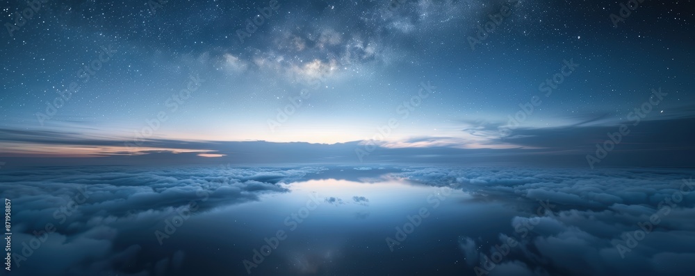 Breathtaking view of a serene night sky with stars and clouds reflecting on calm water, evoking a sense of tranquility and wonder. Breathtaking view of a serene night sky with stars and clouds reflecting on calm water, evoking a sense of tranquility and wonder.