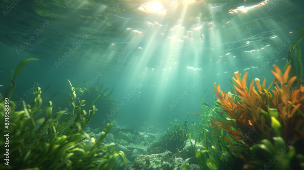 sun rays shining through the water surface, underwater scene with green and orange seagrass and corals sun rays shining through the water surface, underwater scene with green and orange seagrass and corals