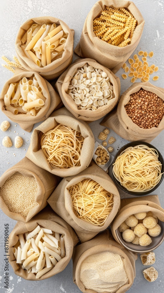 Different shapes of dried pasta, like elbow macaroni and bowtie pasta, are displayed in bowls on a grey surface along with couscous and other pasta varieties Different shapes of dried pasta, like elbow macaroni and bowtie pasta, are displayed in bowls on a grey surface along with couscous and other pasta varieties