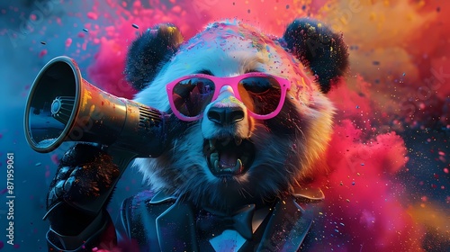 adorable panda wear sunglasses hold megaphone with powder splash background photo