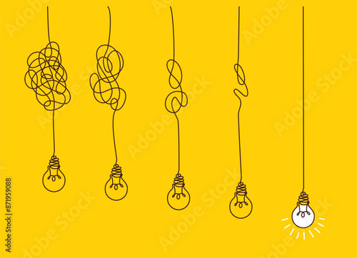 Confusion clarity or path concept idea with lightbulbs. Journey of tangled wires leading to a bright bulb. Business solutions searching. Vector illustration