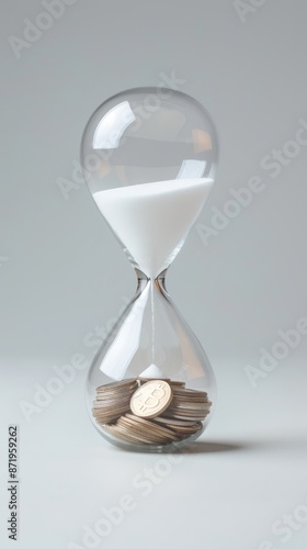 A glass container with coins and sand in it