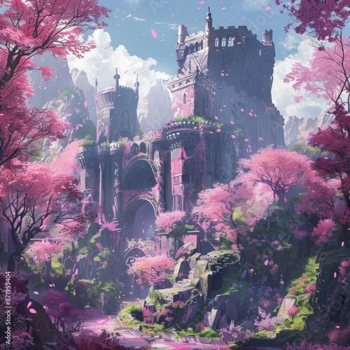 fantasy pink castle ruins overgrown with flowers