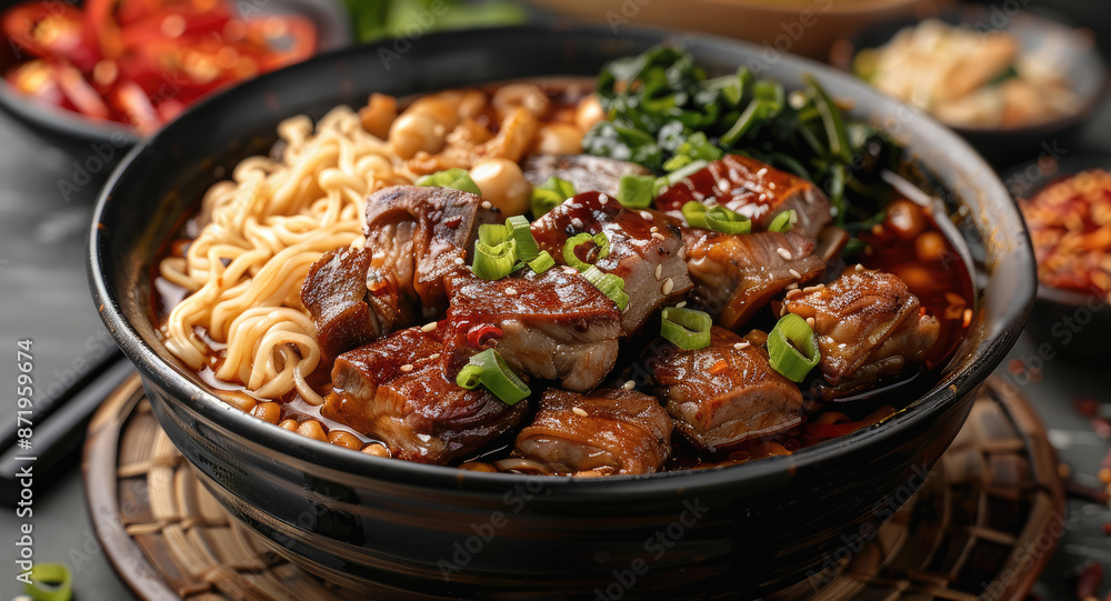 Pork rib noodles with big pieces of pork ribs, chewy noodles, and a spicy sauce. Generative AI. Pork rib noodles with big pieces of pork ribs, chewy noodles, and a spicy sauce. Generative AI.