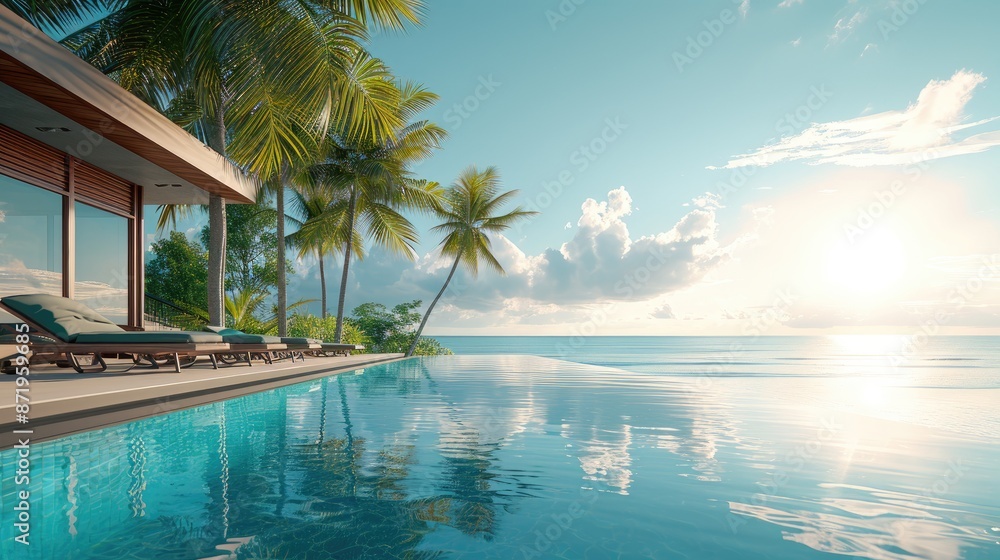 Fototapeta premium Relaxing tropical resort with a clear water pool overlooking the vast ocean, palm trees and comfortable lounge chairs