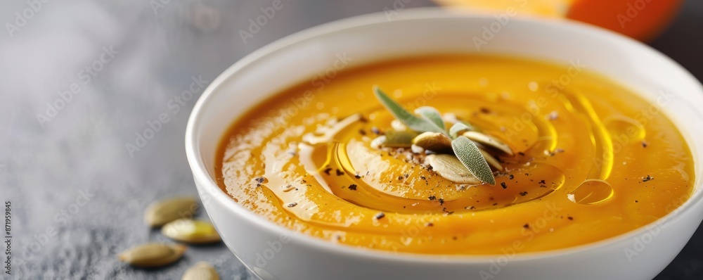 Close-up of a creamy pumpkin soup in a white bowl, garnished with seeds, black pepper, and fresh herbs on a rustic table. Close-up of a creamy pumpkin soup in a white bowl, garnished with seeds, black pepper, and fresh herbs on a rustic table.