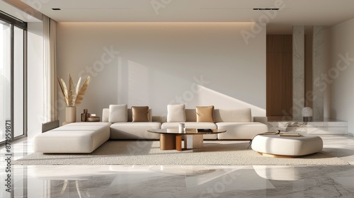 Spacious modern apartment living room with beige sofa set and stylish table carpet, ceramic marble floor and ceiling design. Scandinavian interior design