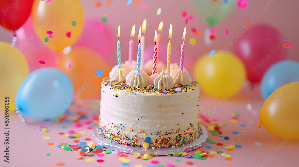 A birthday cake with candles on it, surrounded by balloons and confetti on a pastel pink background, intended for use as a stock photo on an online shop's website banner. A birthday cake with candles on it, surrounded by balloons and confetti on a pastel pink background, intended for use as a stock photo on an online shop's website banner.