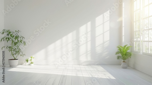 Obraz na płótnie Empty white living room with houseplants and windows over white wooden floor in natural sunlight w salonie