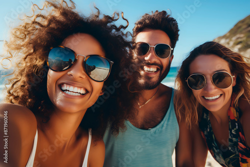 Selfie of a group of 30 year old multiethnic friends at the beach. Generative Ai.
