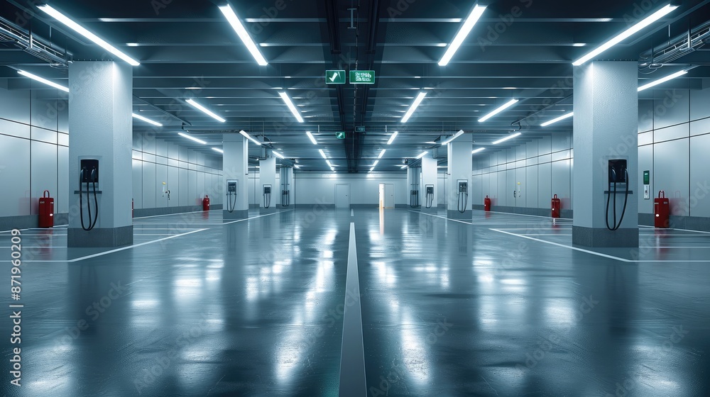 A big empty garage with car chargers, ultra realistic, taken at a slight angle. Generative AI. A big empty garage with car chargers, ultra realistic, taken at a slight angle. Generative AI.