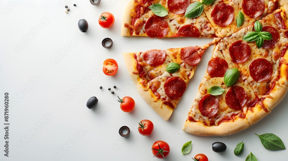 A pizza with pepperoni and basil on a white background, presented in a flat lay style. On the right side is an empty space for text or logo. A pizza with pepperoni and basil on a white background, presented in a flat lay style. On the right side is an empty space for text or logo.